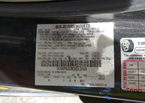 2012 Ford Fusion Sel from USA, damaged, VIN 3FAHP0JGXCR412768